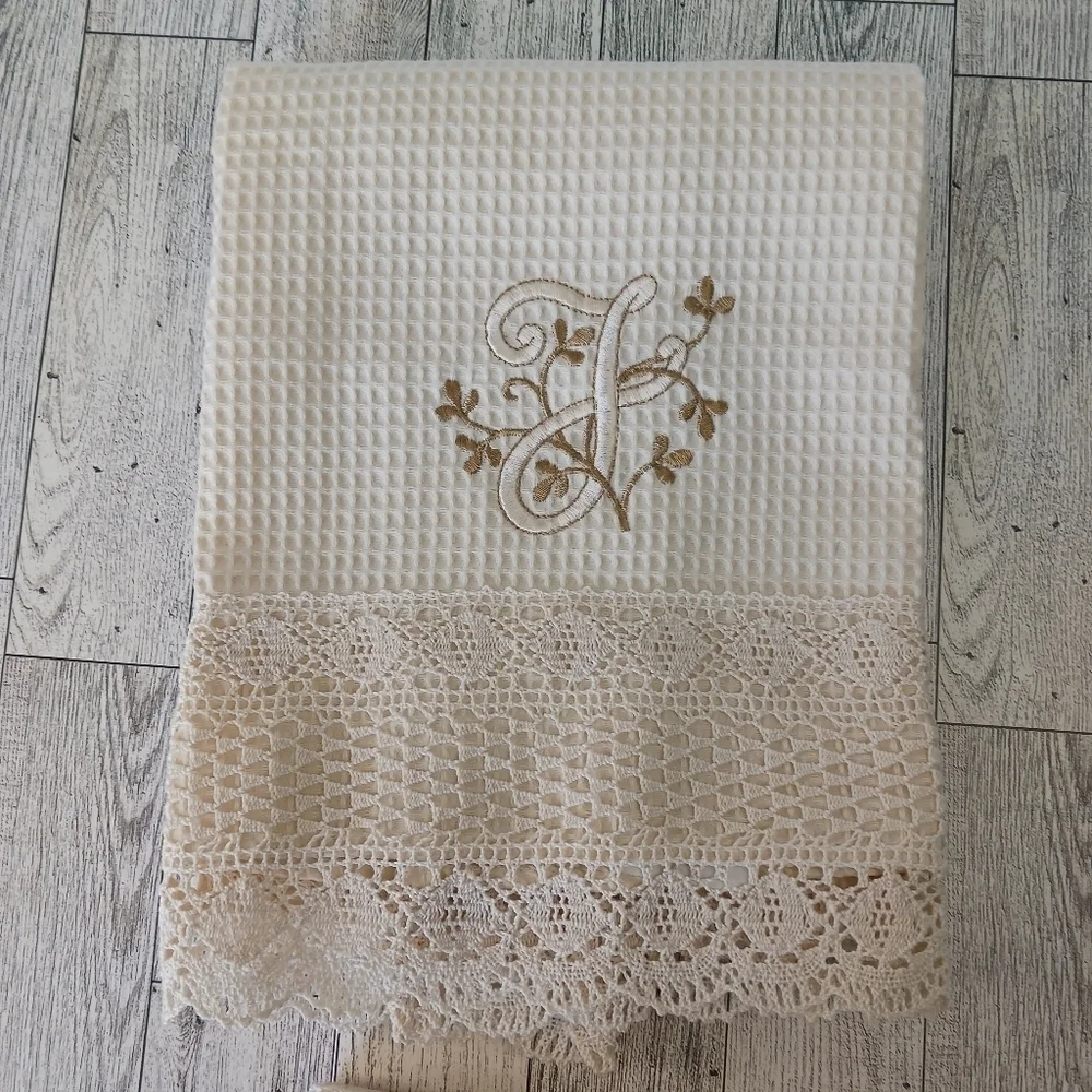 Towels Set of 2, Embroidered Letter J Crochet, Cotton, Made in Portugal